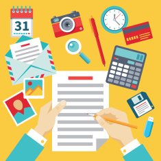 Document with Hands & Vector Icons - Flat Design Style N2