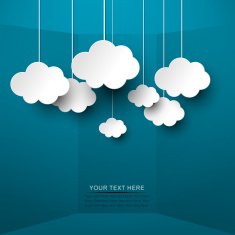 White clouds hand from strings on blue background