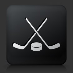 Black Square Button with Hockey Stick and Puck