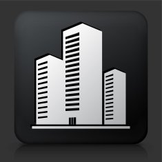 Black Square Button with Three Buildings N2