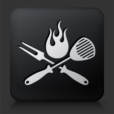 Black Square Button with Grilling Utensils Icon
