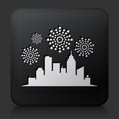 Black Square Button with City View and Fireworks