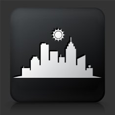 Black Square Button with Cityscape Background Icon