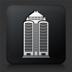 Black Square Button with Office Skyscrapers Icon