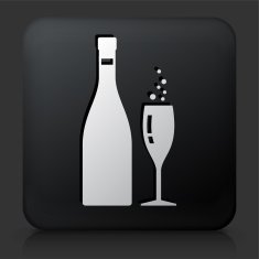 Black Square Button with Champagne Bottle & Glass