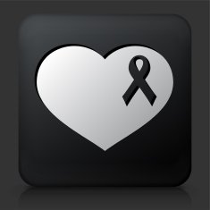 Black Square Button with Breast Cancer Support Ribbon Heart
