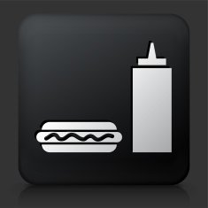 Black Square Button with Hotdog and Ketchup