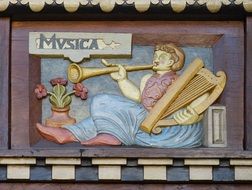 musica,woman with musical instruments, antique relief, germany, hildesheim