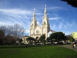 church at blue sky background with white clouds in san francisco