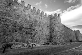 black and white photo of the castle stone wall