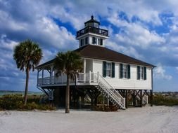 white house with a lighthouse on the shores of the ocean
