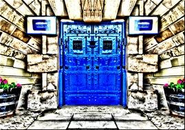 Blue door in the stone building