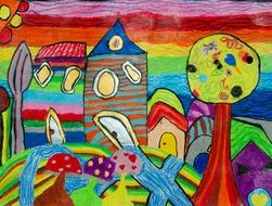 bright colored houses in garden, children drawing