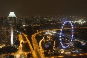 Night landscape of singapore with a ferris wheel