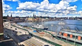ships and boats in harbor at city, sweden, stockholm