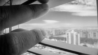 view from the window of the city in black and white blurred background