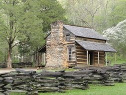 rustic old log cabin in countryside
