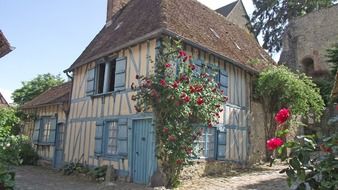 blue half-timbered house