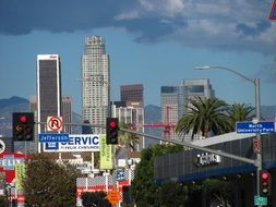 los angeles city buildings at dusk