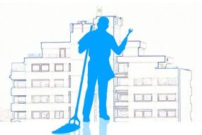 silhouette of janitor against the background of the house