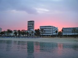 pink sunset over hotels in Mallorca