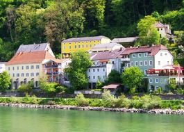 Landscape of Houses on a river bank in burghausen