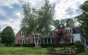 traditional residential brick house among the trees in the countryside