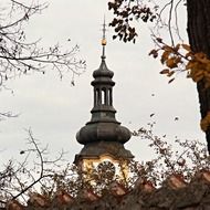 crows over the spire of the church tower