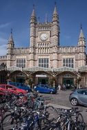 landscape of taxi and bicycles in front of Bristol Temple Meads Train Station, uk, england