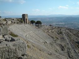 Panoramic view of the ruins of an ancient amphitheater in Turkey