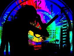 silhouette of a girl on the background of multi-colored neon clocks