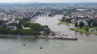 top view of city at german corner of rhine and mosel in germany, koblenz