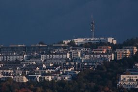 distant view of the radio mast above the settlement