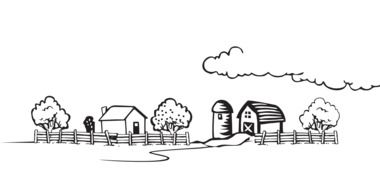 rural landscape with fenced village, drawing