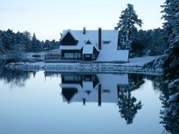 house near the lake in winter