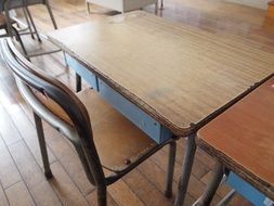 school desks with chairs in the classroom