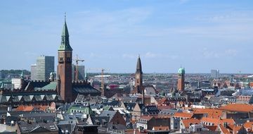 rooftops of old city at blue sky, denmark, copenhagen