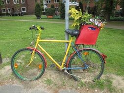 colorful bike with flowers on lawn in town