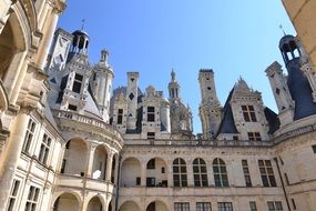 spires and towers of château de chambord, French Renaissance castle, at sky, france