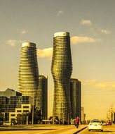 Absolute World, residential condominium twin tower skyscraper at evening, canada, ontario, mississauga