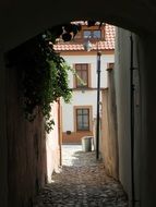 a small alley with an old country house ahead of it