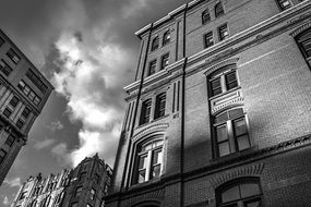 Black and white photo of brick building