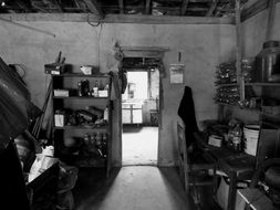 monochrome photo of interior of home