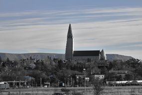 black and white photo of a church in Iceland