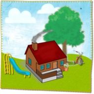 cartoon house and tricycle on lawn