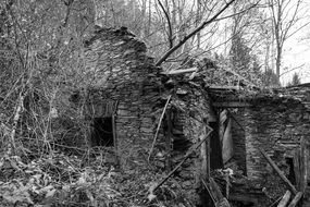 Black and white photo of the ruins of the hut