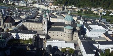 view from the mountain to the church in salzburg