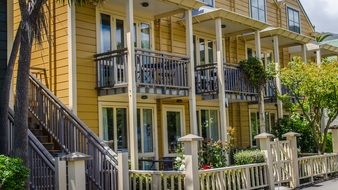 apartments with balconies in a wooden building