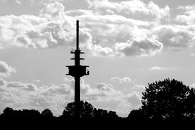 tv tower top at sky, black and white