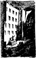 speaker in front of crowd, vintage drawing
